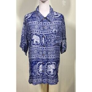 Mexicali Blues Sz XXL Blue Elephant Batik Print Short Sleeve Button-up Top Boho